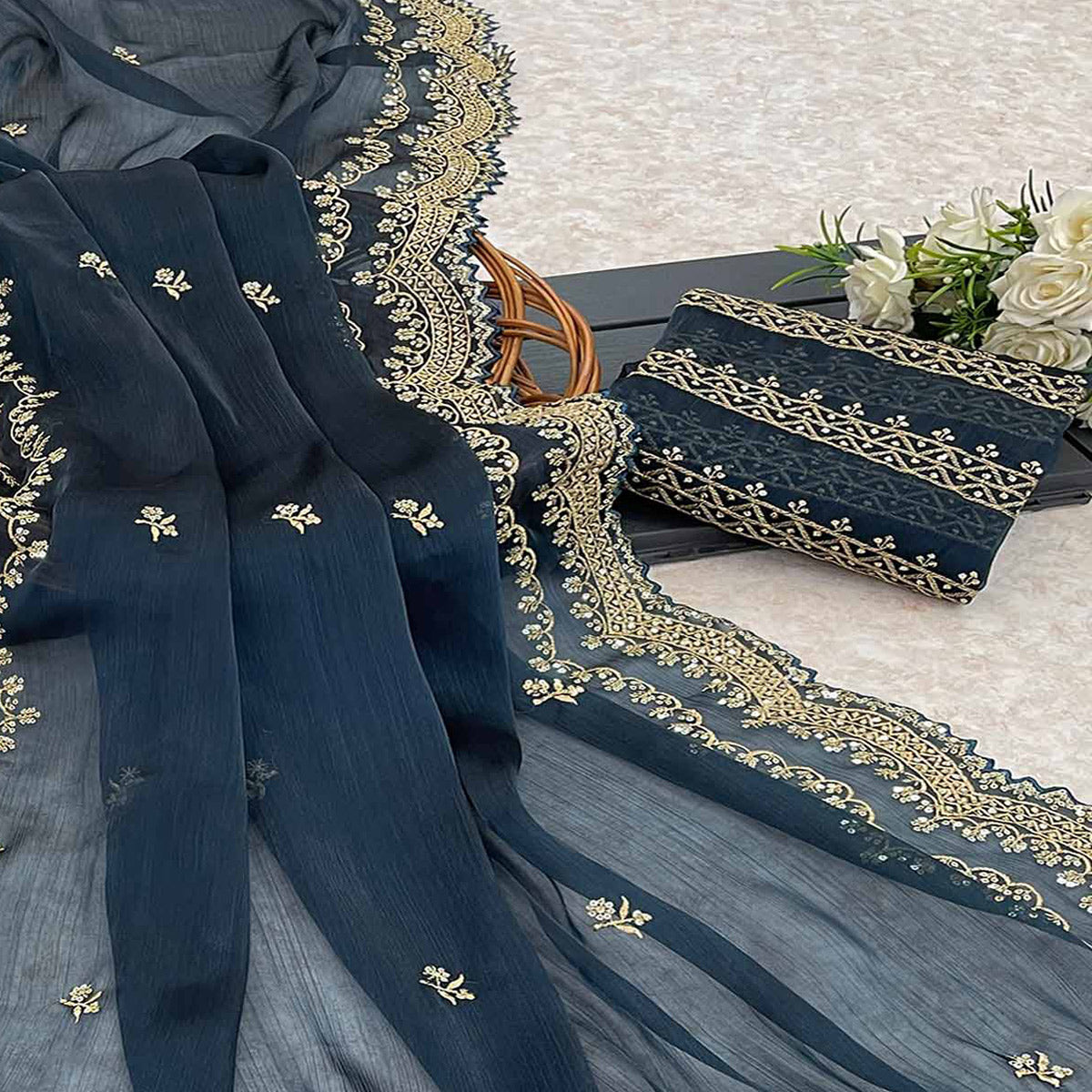 Blue Embroidered Chiffon Saree