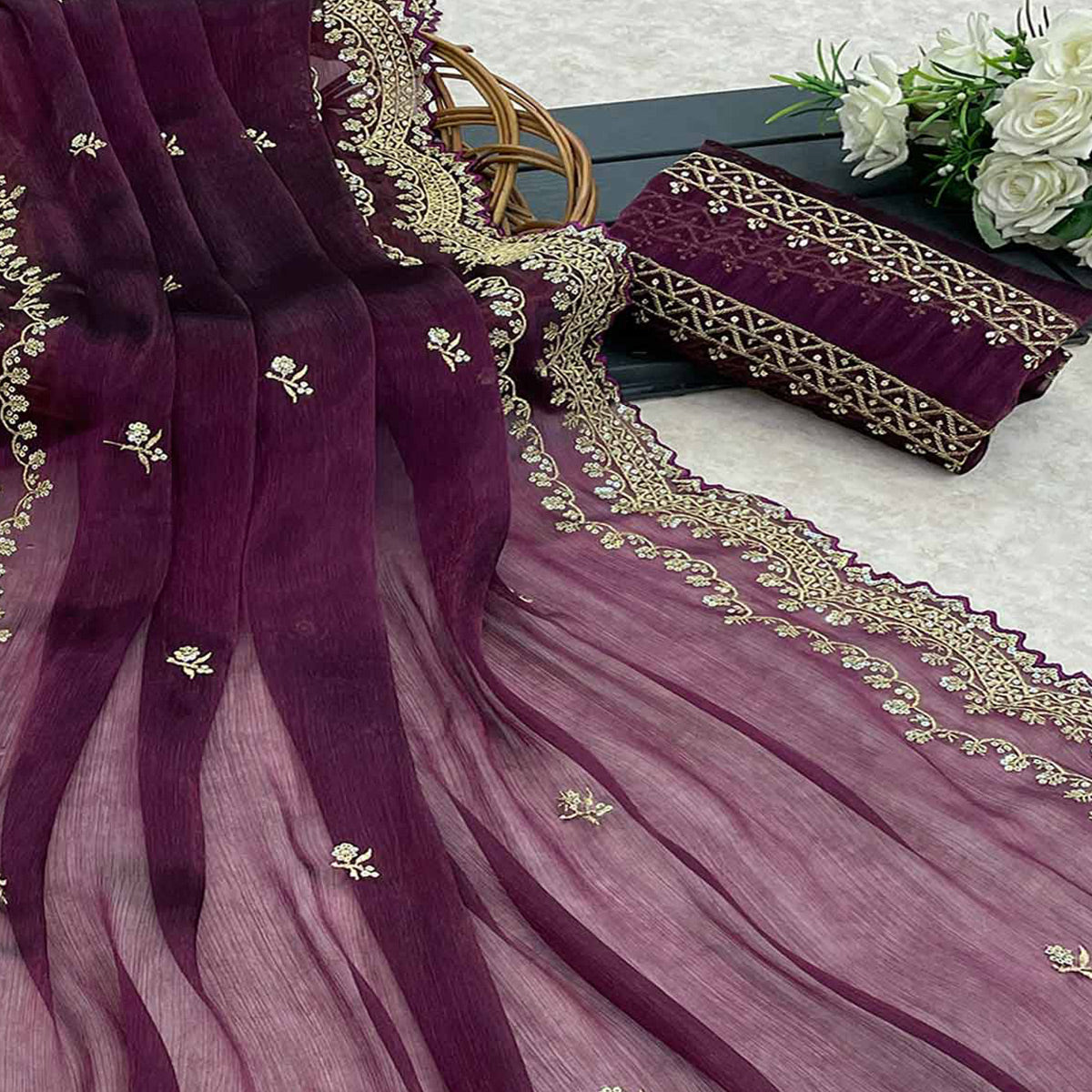 Wine Embroidered Chiffon Saree
