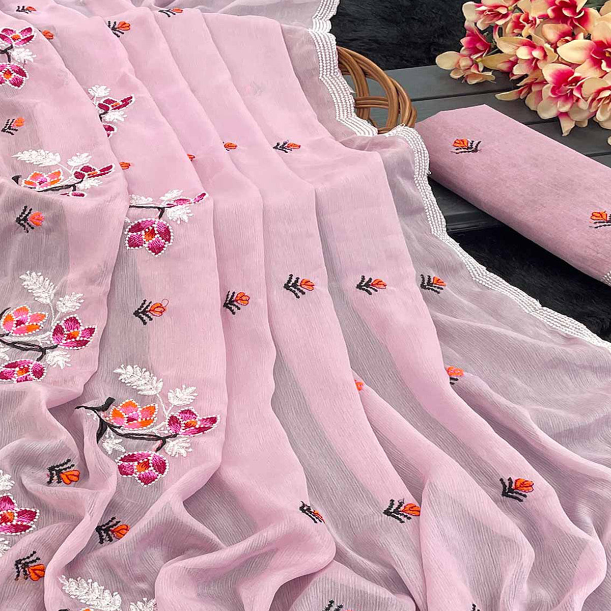 Pink Floral Embroidered Chiffon Saree