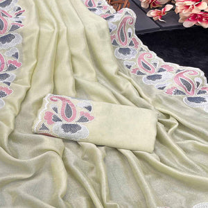 Green Floral Embroidered Vichitra Silk Saree