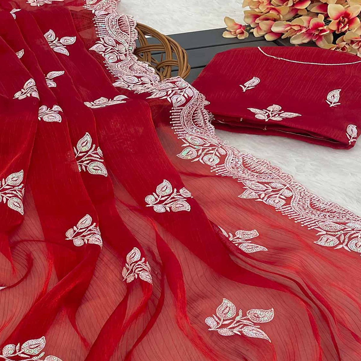 Maroon Sequins Embroidered Chiffon Saree