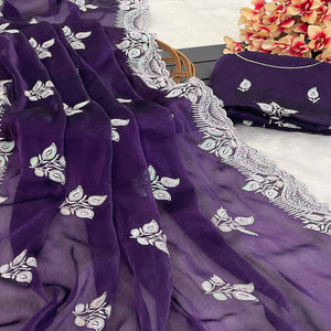 Purple Sequins Embroidered Chiffon Saree