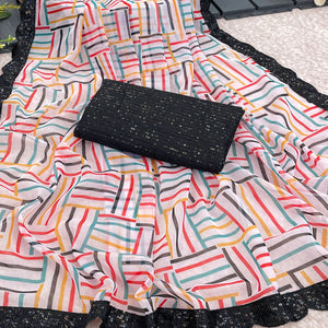 White Printed Georgette Saree With Sequins Border