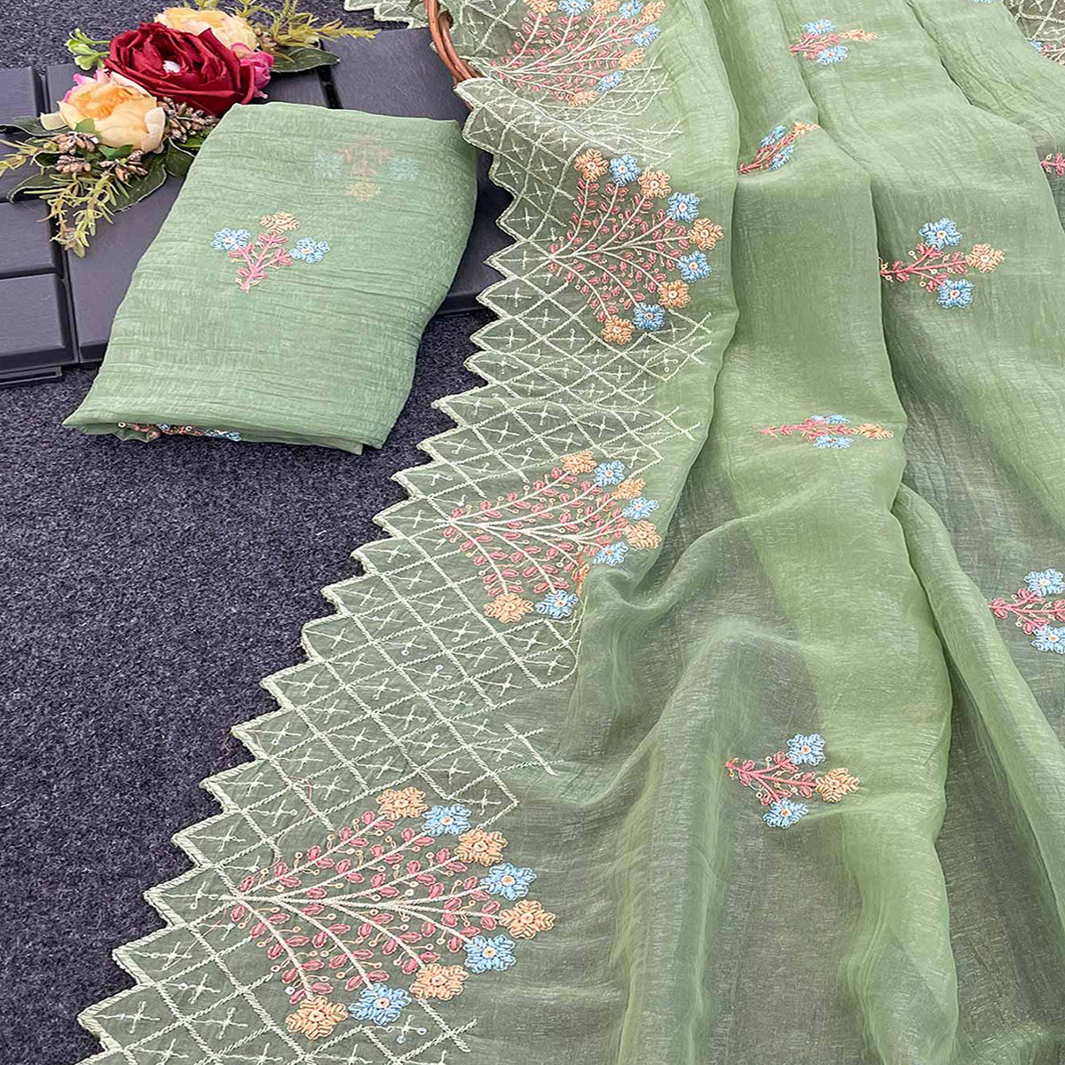 Green Floral Sequins Embroidered Art Silk Crush Saree