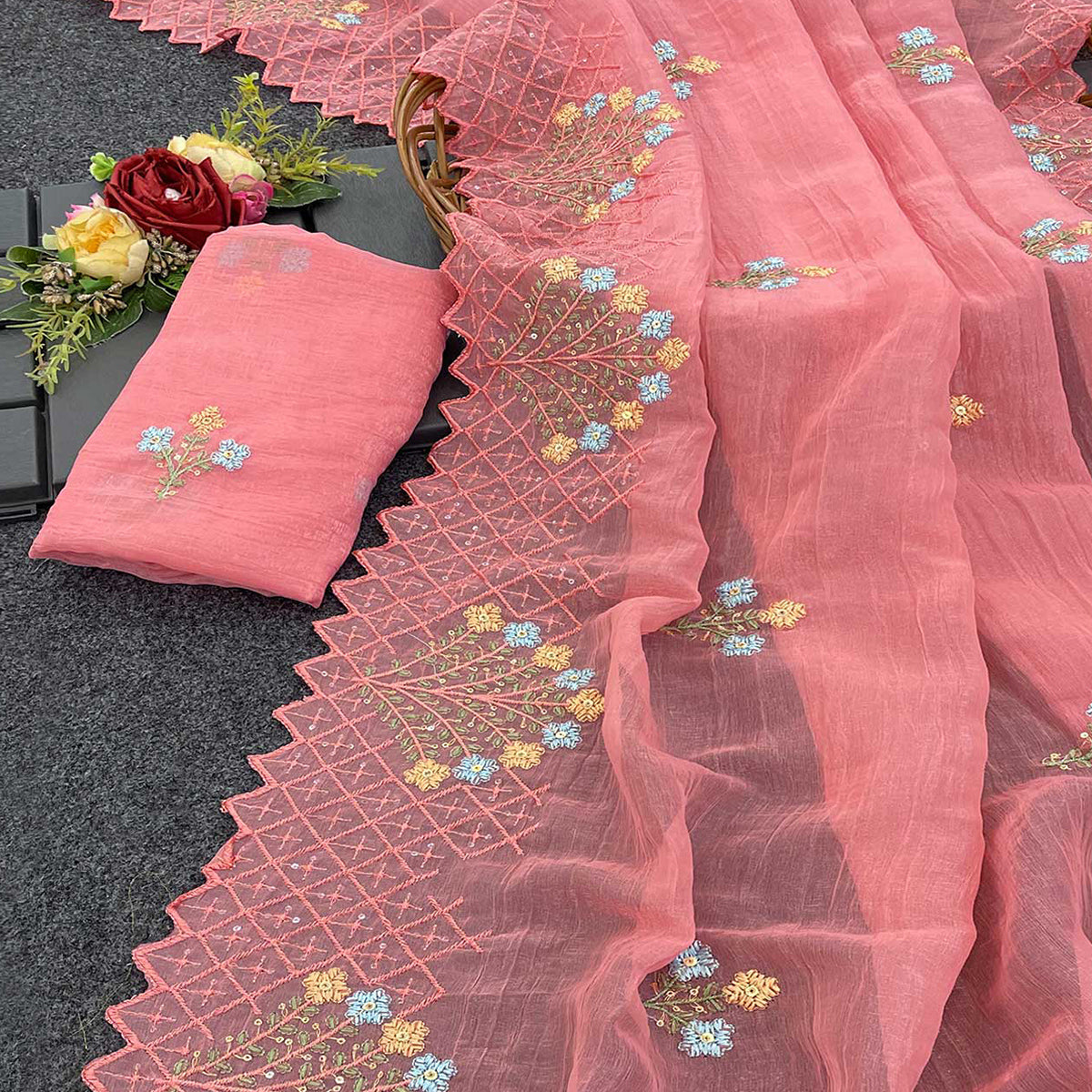 Peach Floral Sequins Embroidered Art Silk Crush Saree