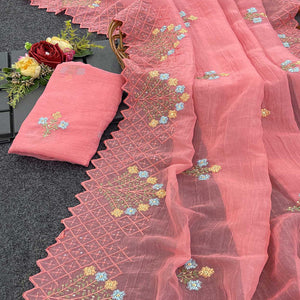 Peach Floral Sequins Embroidered Art Silk Crush Saree
