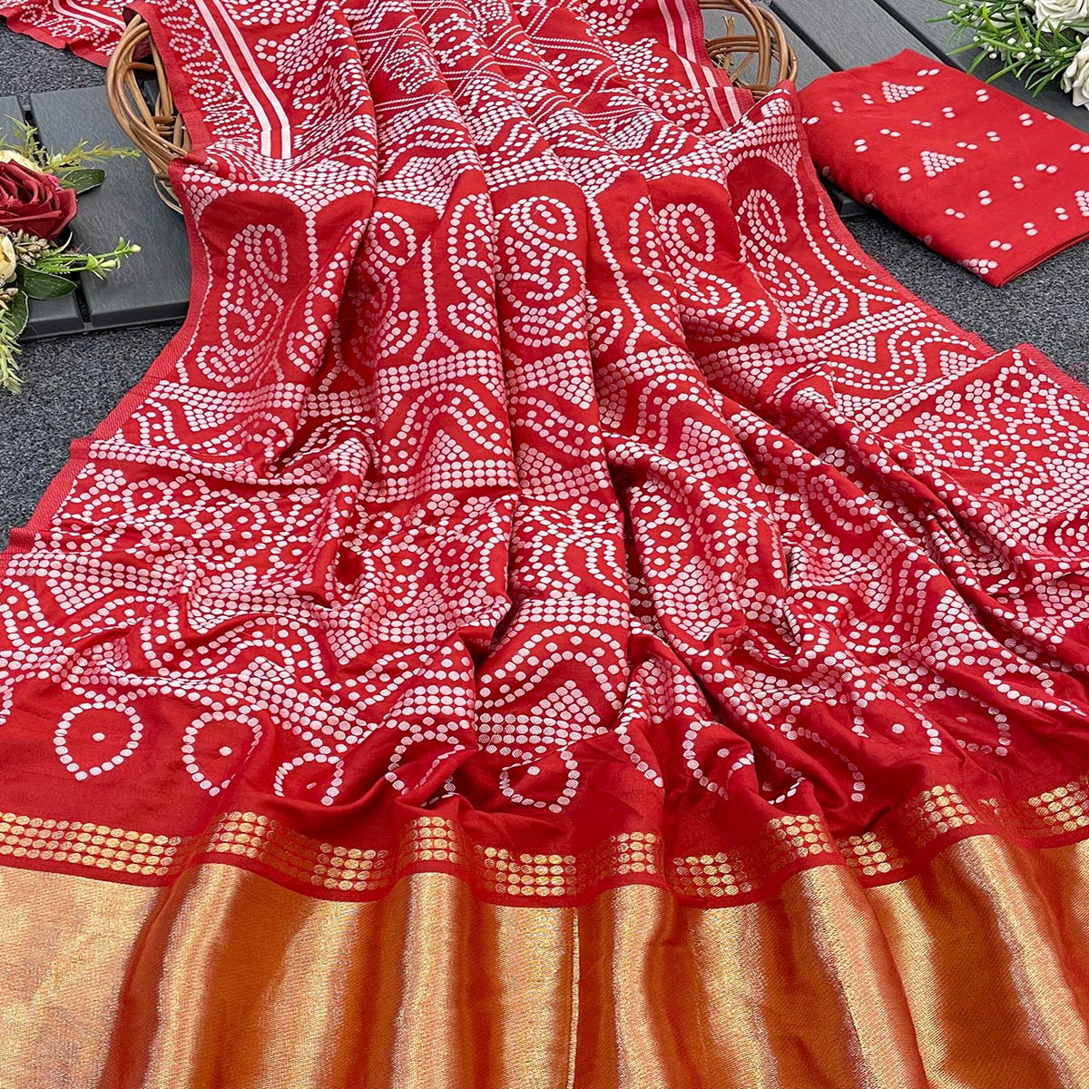 Red Bandhani Zari Woven Dola Silk Saree