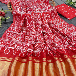 Red Bandhani Zari Woven Dola Silk Saree