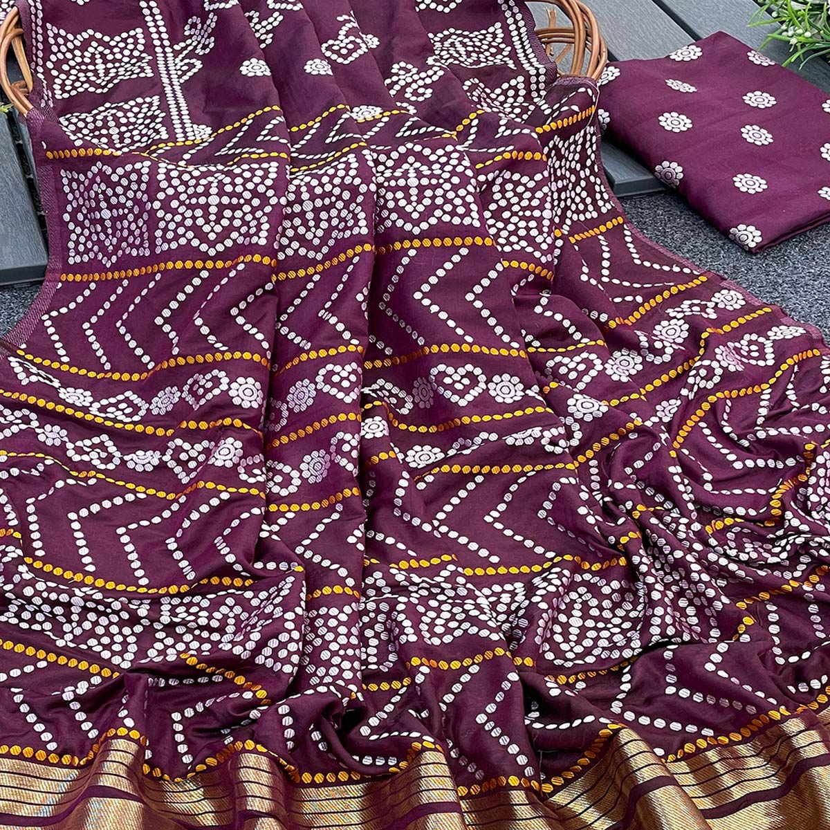 Wine Bandhani Zari Woven Dola Silk Saree