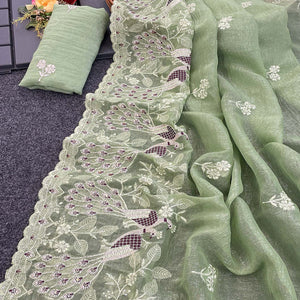 Green Floral Sequins Embroidered Art Silk Crush Saree
