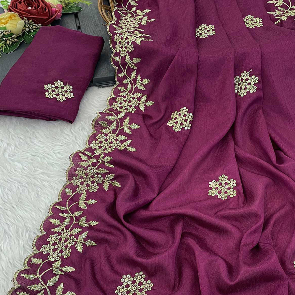 Wine Floral Sequins Embroidered Chinon Saree