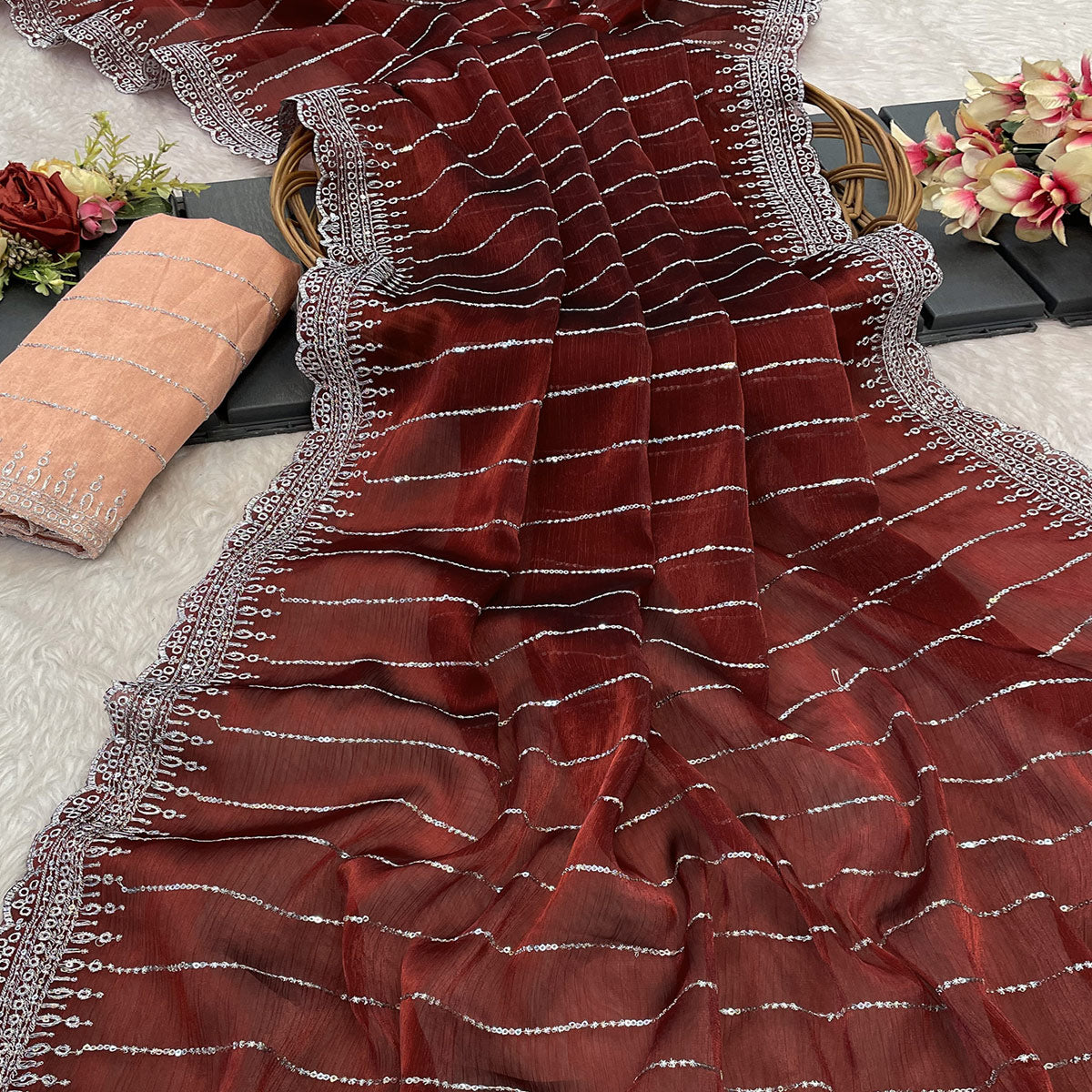 Maroon Sequins Embroidered Chiffon Saree