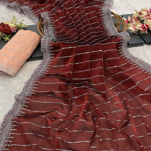 Maroon Sequins Embroidered Chiffon Saree