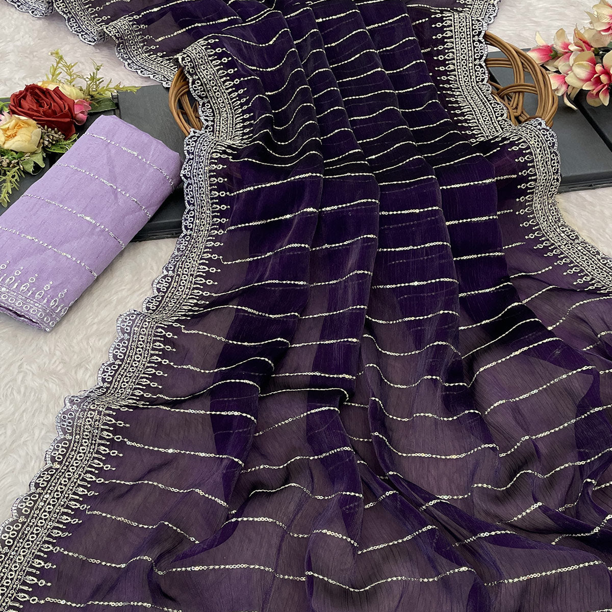 Purple Sequins Embroidered Chiffon Saree