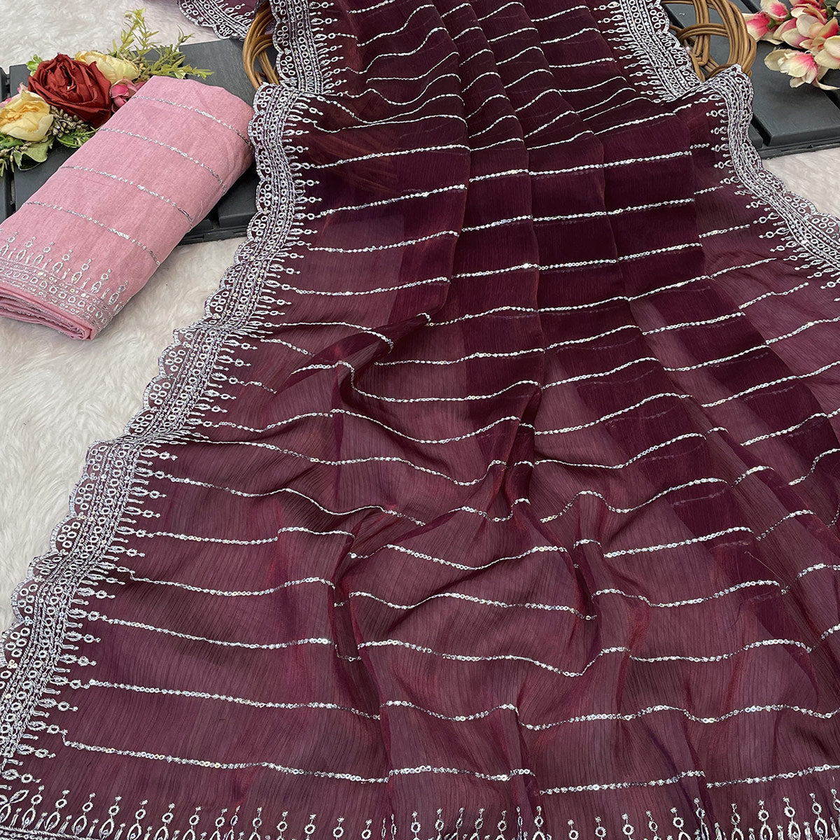 Wine Sequins Embroidered Chiffon Saree