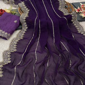 Purple Sequins Work Embroidered Chiffon Saree