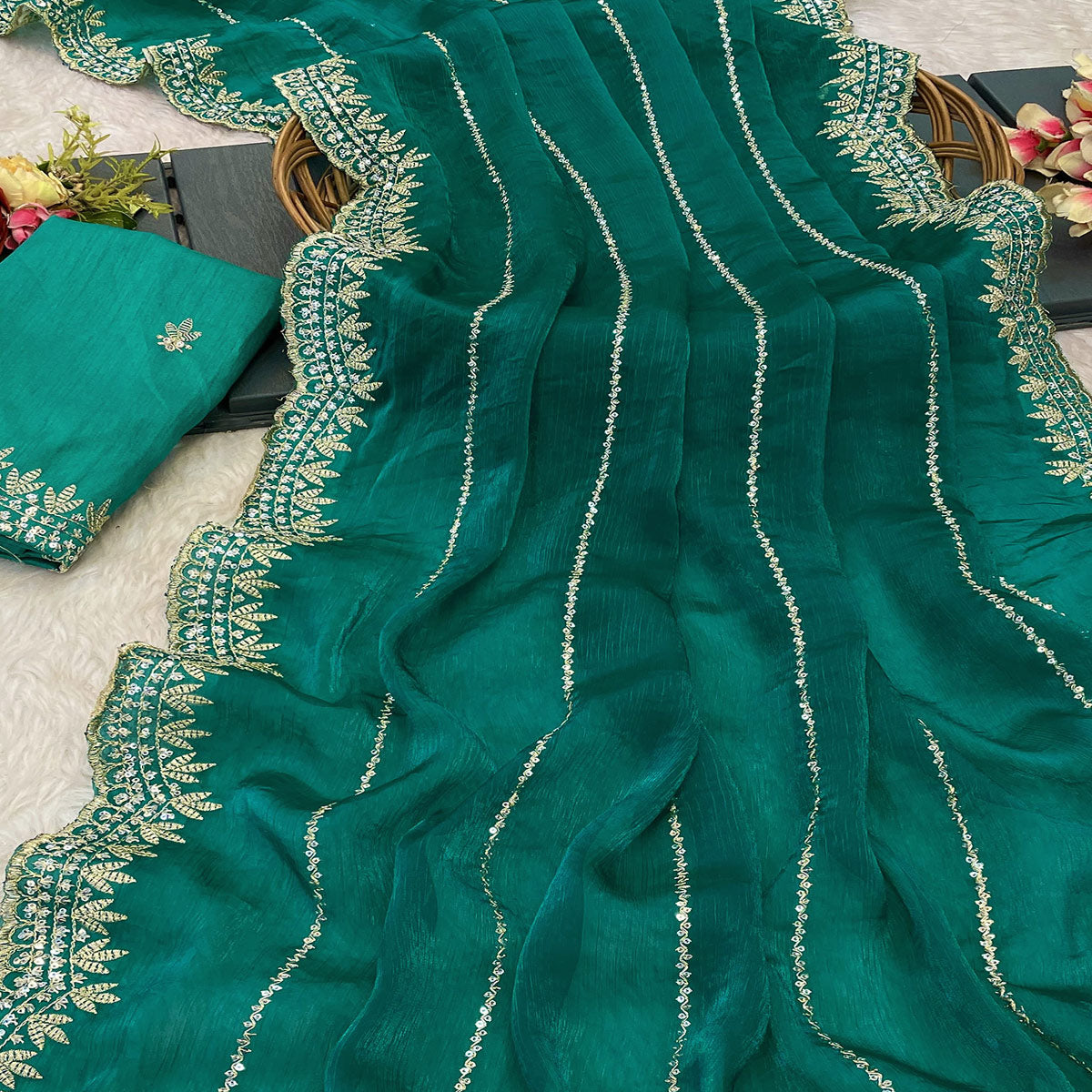Rama Green Sequins Work Embroidered Chiffon Saree