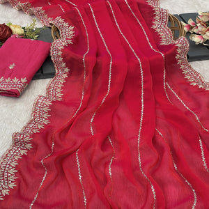 Rani Pink Sequins Work Embroidered Chiffon Saree