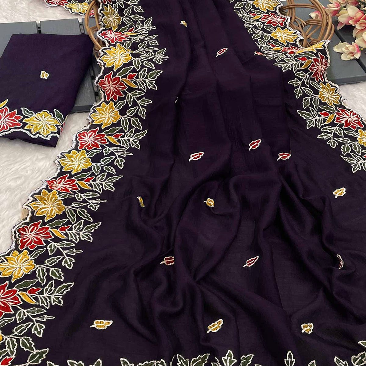 Purple Floral Embroidered Vichitra Silk Saree