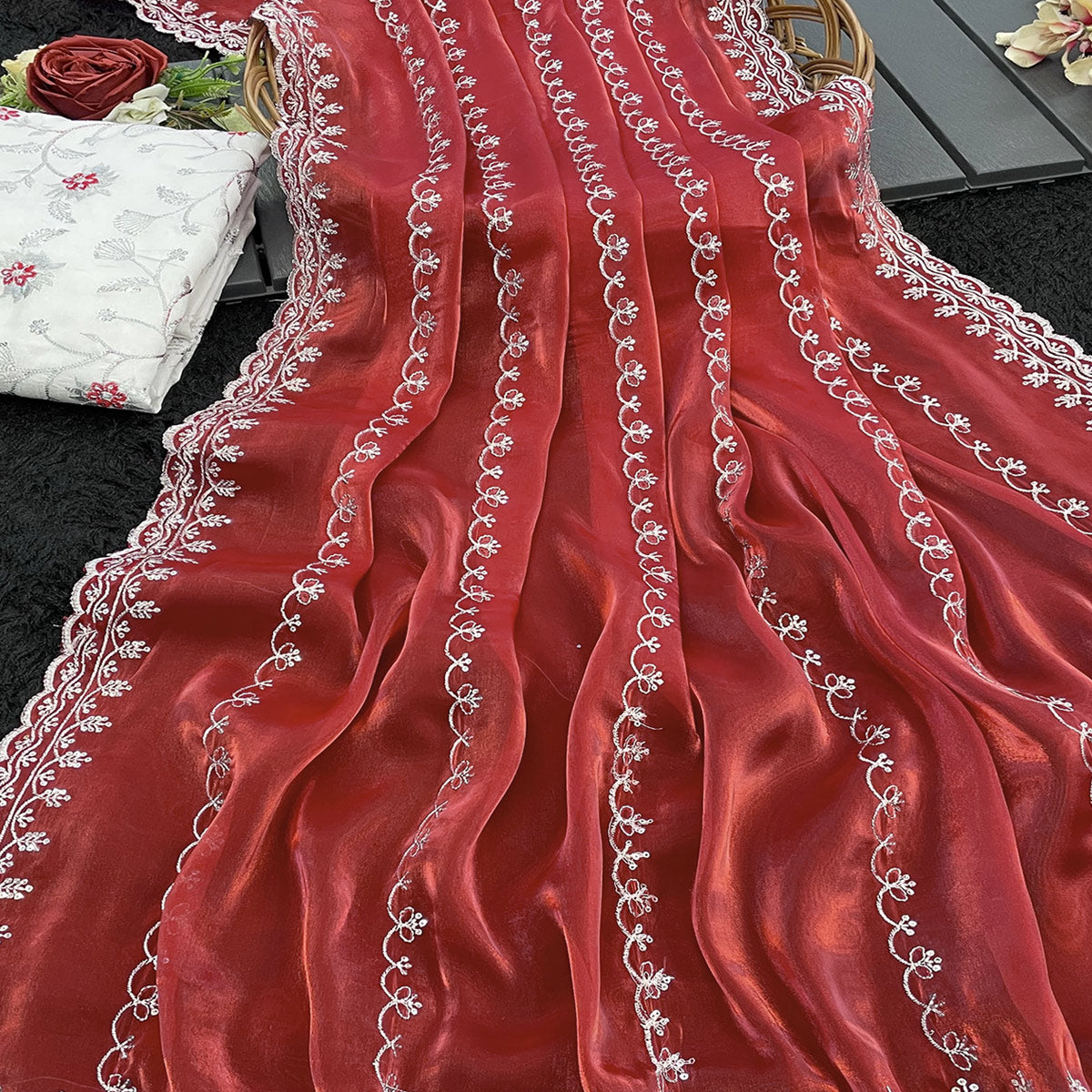 Red Sequins Embroidered Satin Saree