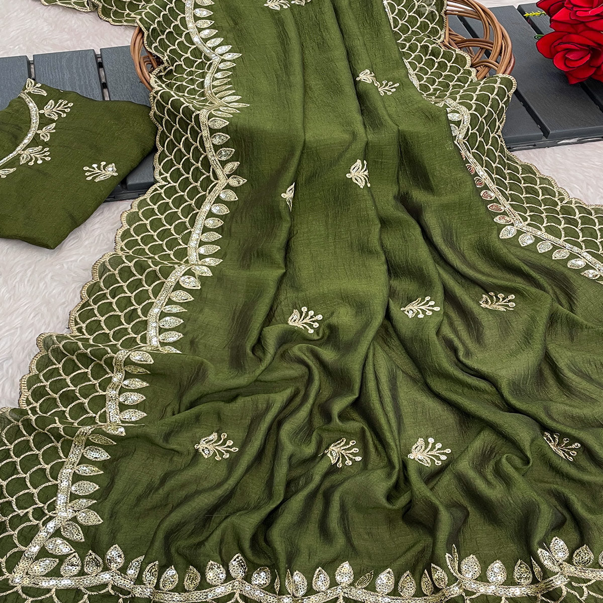 Green Sequins Embroidered Vichitra Silk Saree