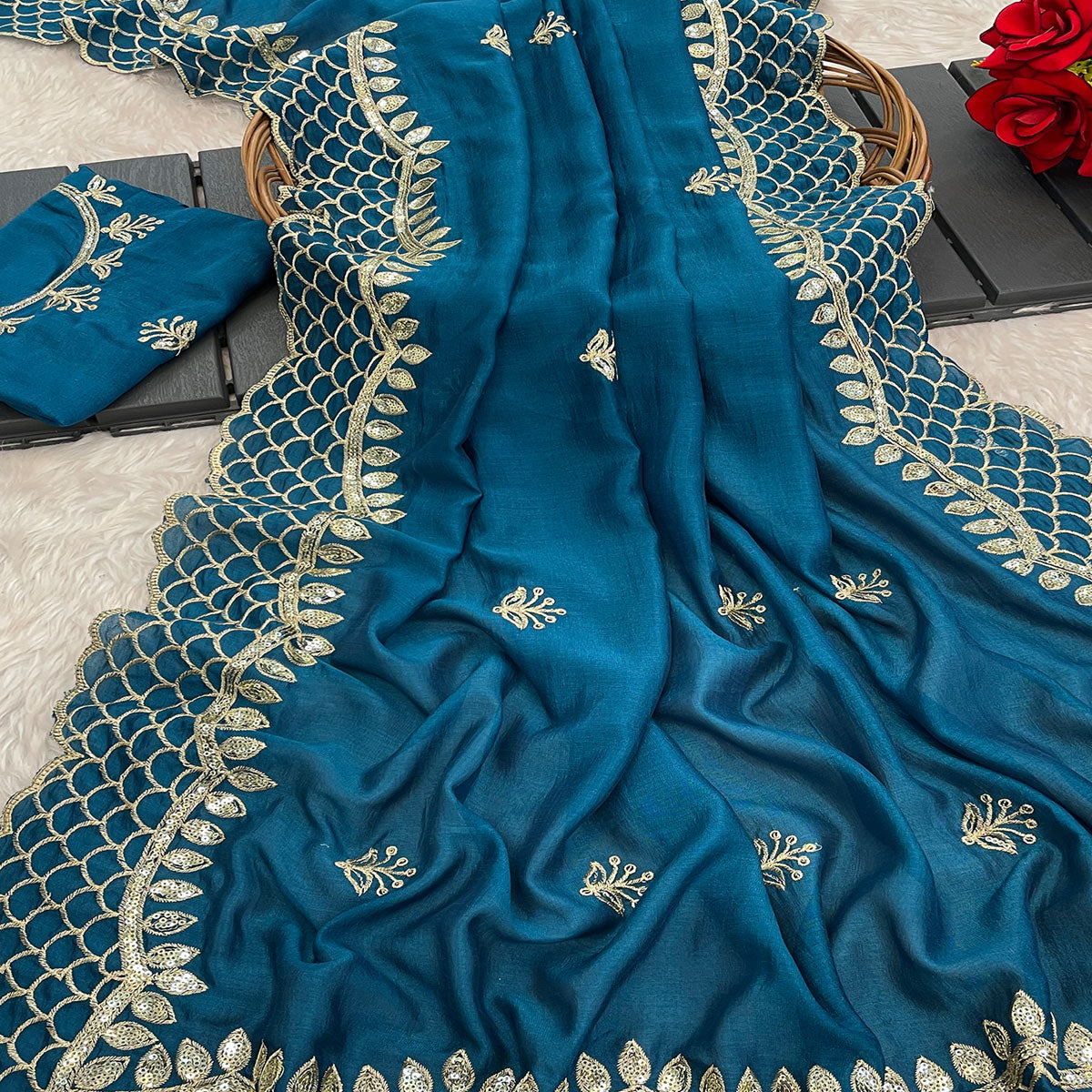 Teal Sequins Embroidered Vichitra Silk Saree