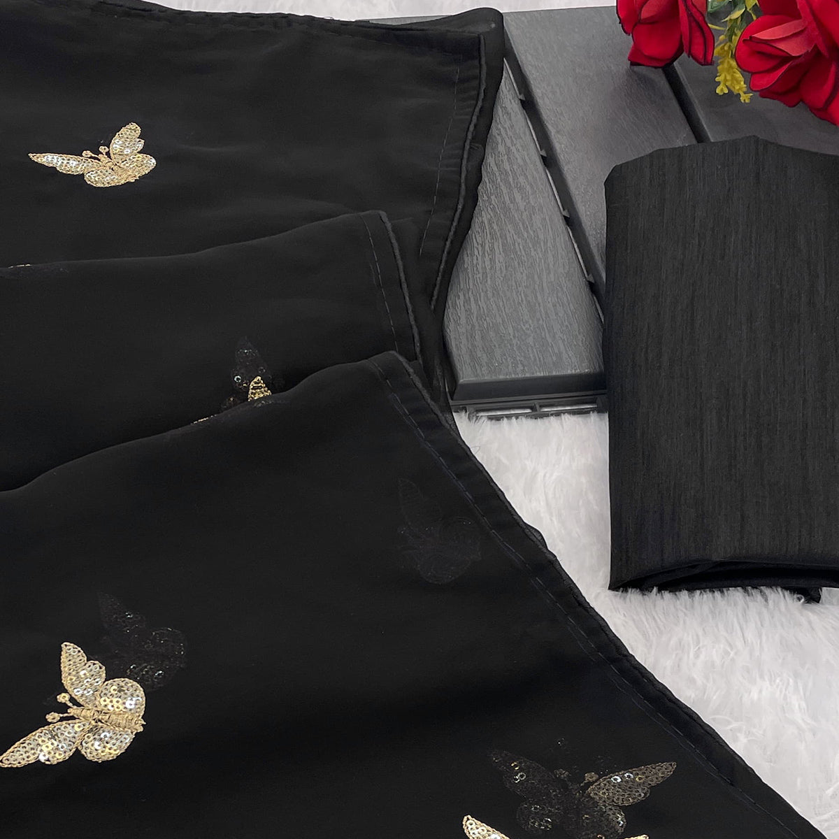 Black Embroidered Georgette Saree With Shimmering Butterfly Sequin Work