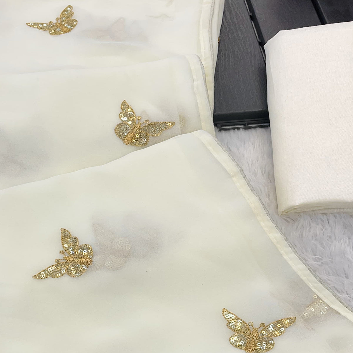 Offwhite Embroidered Georgette Saree With Shimmering Butterfly Sequin Work