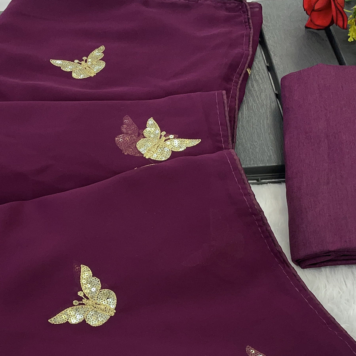 Wine Embroidered Georgette Saree With Shimmering Butterfly Sequin Work