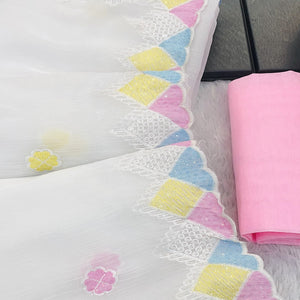 Graceful White Chiffon Silk Saree Adorned With Delicate Floral Sequin Work