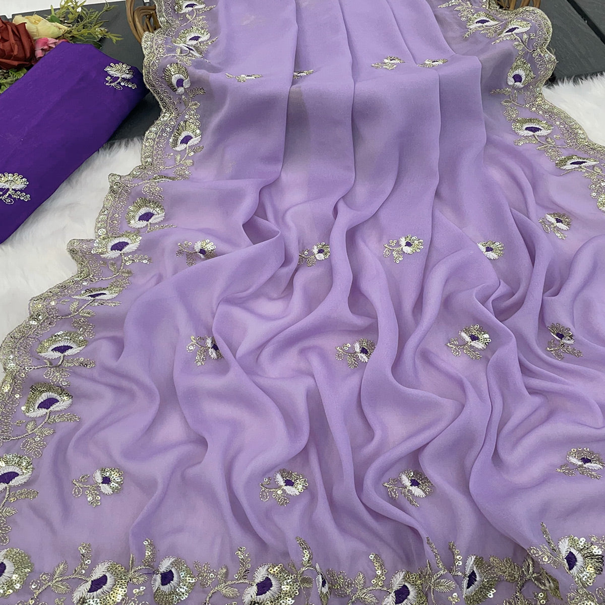 Lavender Georgette Silk Saree With Floral Sequin Embroidery & Graceful Cutwork Detailing Border