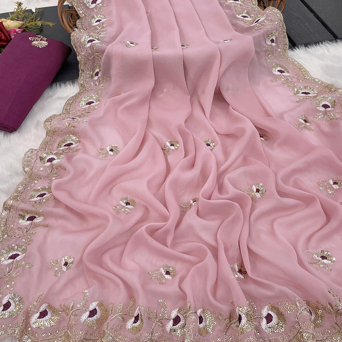 Pink Georgette Silk Saree With Floral Sequin Embroidery & Graceful Cutwork Detailing Border