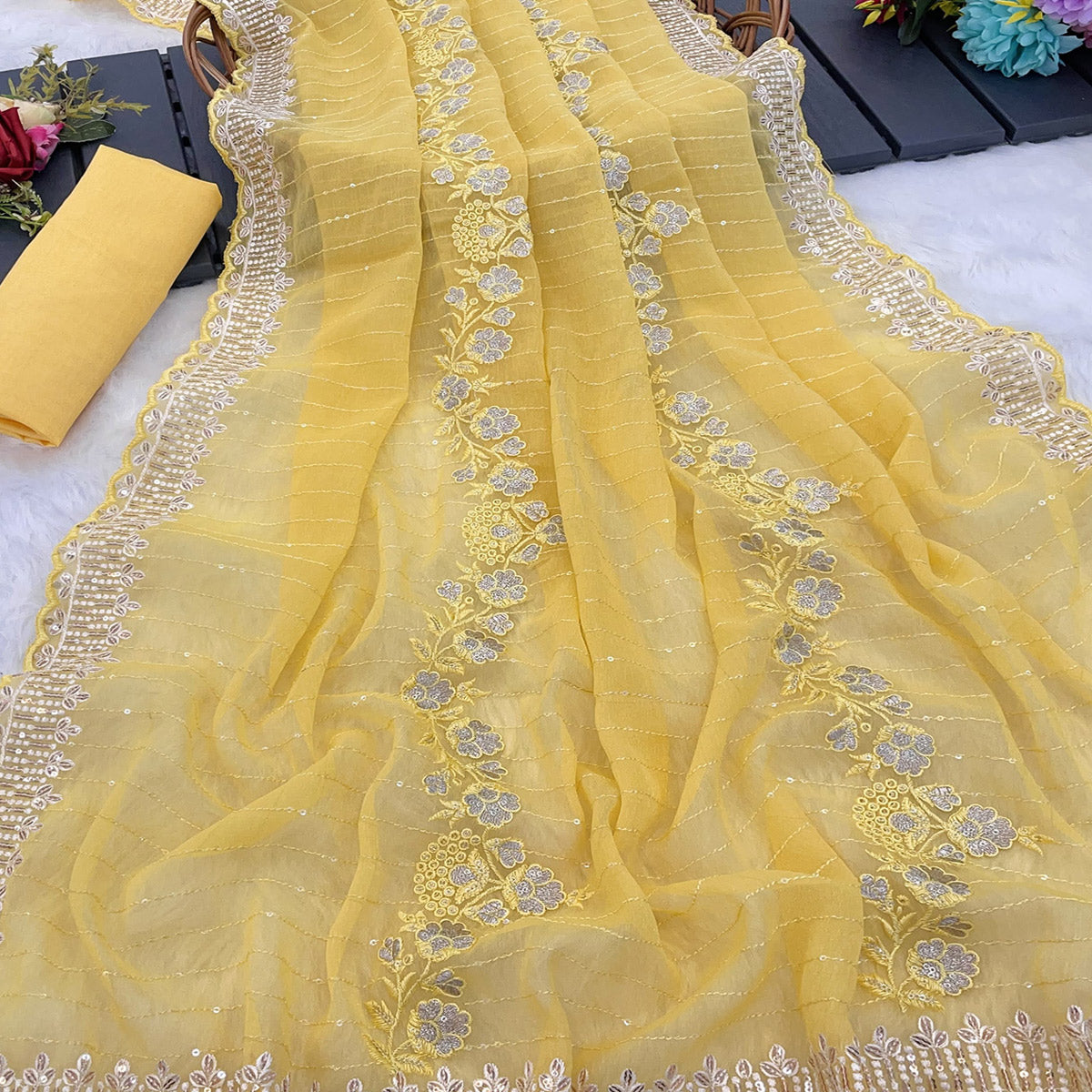 Yellow Shimmer Chiffon Saree with Floral Sequin Embroidery & Intricate Cutwork Border