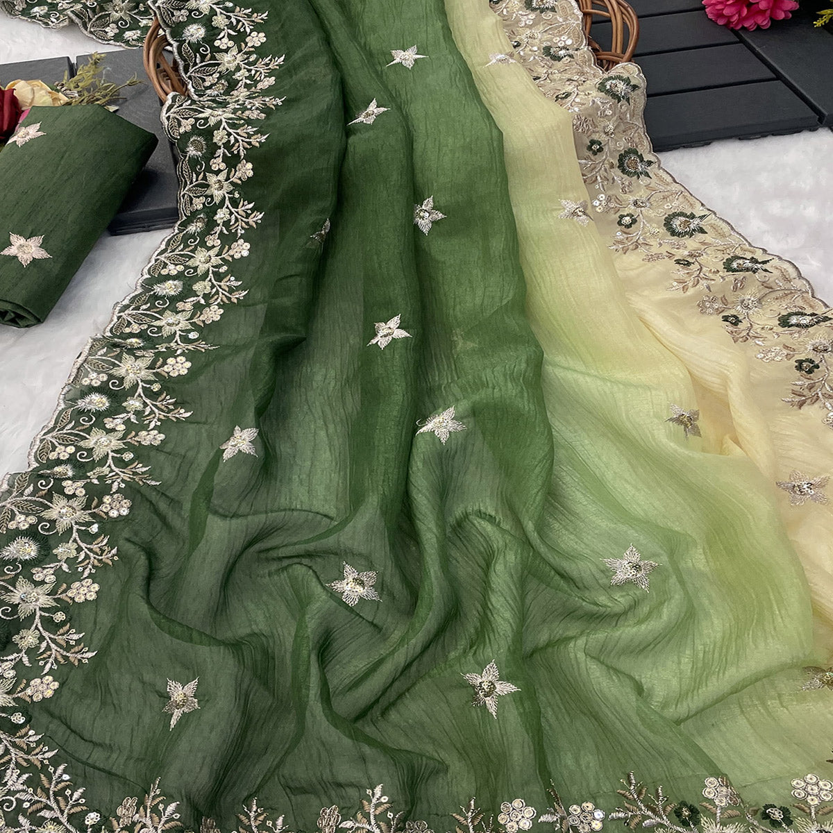 Green Crunchy Crush Saree Featuring Floral Thread Embroidery & Sequins Embellishment