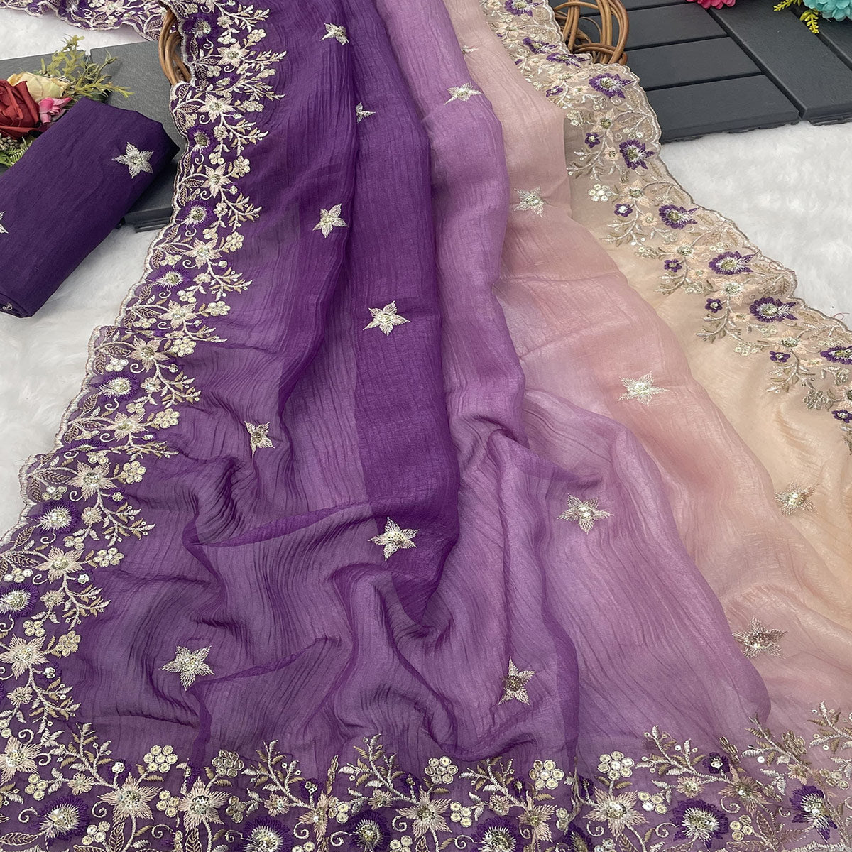 Purple Crunchy Crush Saree Featuring Floral Thread Embroidery & Sequins Embellishment
