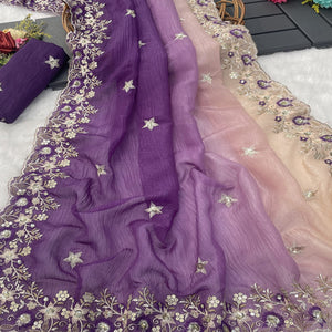 Purple Crunchy Crush Saree Featuring Floral Thread Embroidery & Sequins Embellishment