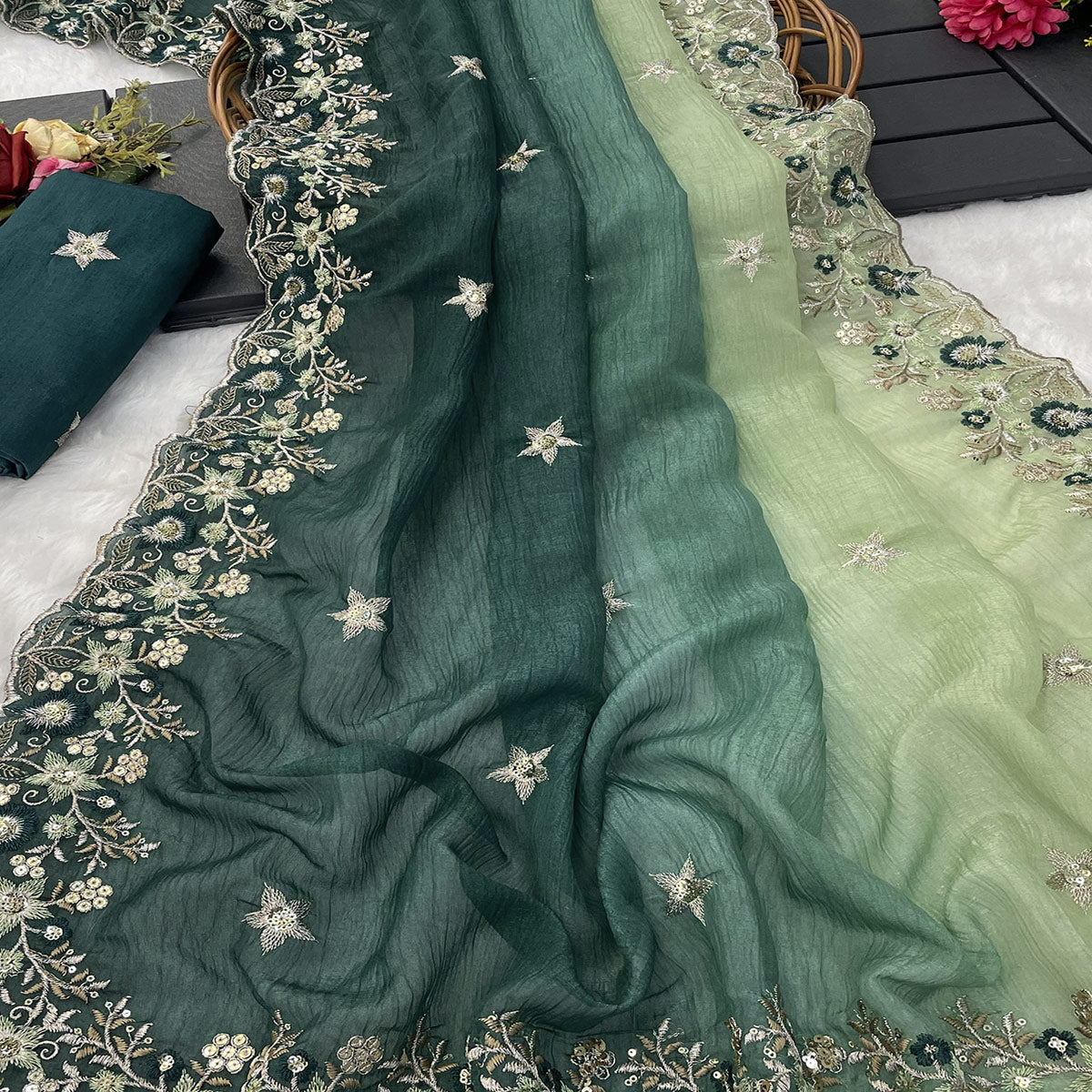 Teal Crunchy Crush Saree Featuring Floral Thread Embroidery & Sequins Embellishment