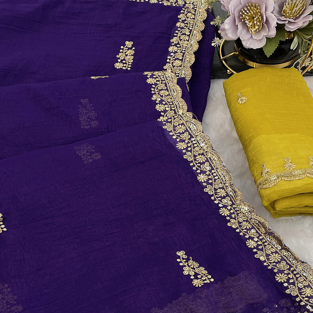 Royal Purple Crunchy Crush Saree Adorned With Floral Thread Embroidery & Gleaming Sequins Detailing