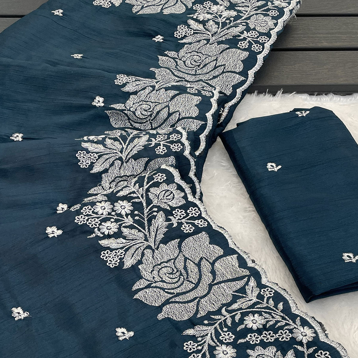 Dark Teal Blue Chinon Chiffon Saree With Graceful Floral Zari Embroidery