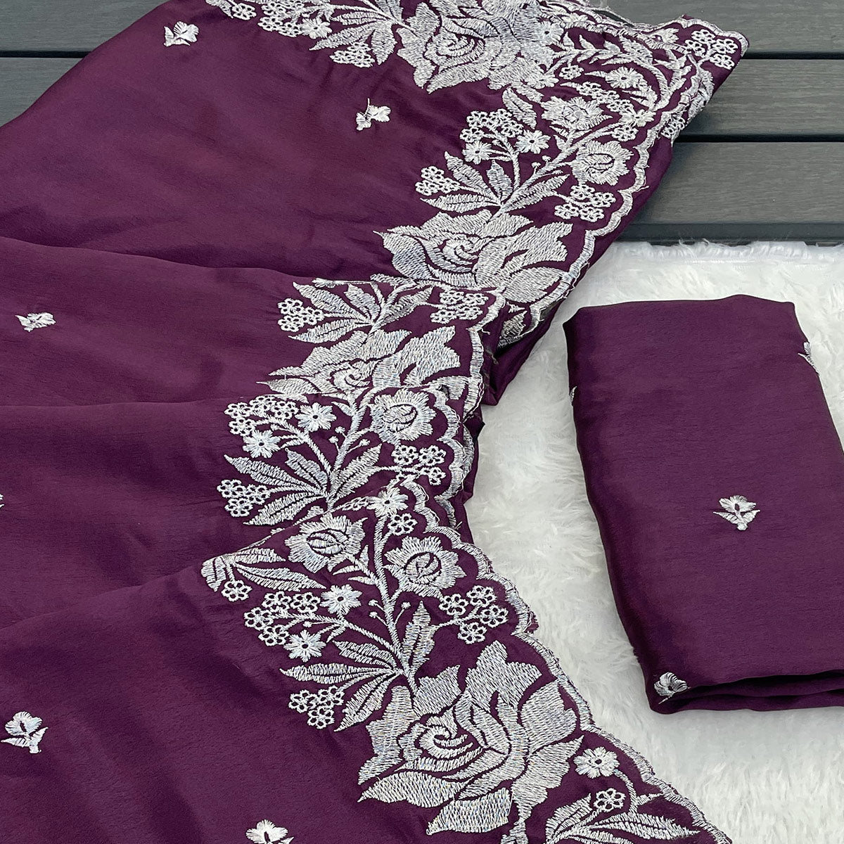 Ethereal Plum Purple Saree With Intricate Floral Zari Accents On Chinon Chiffon