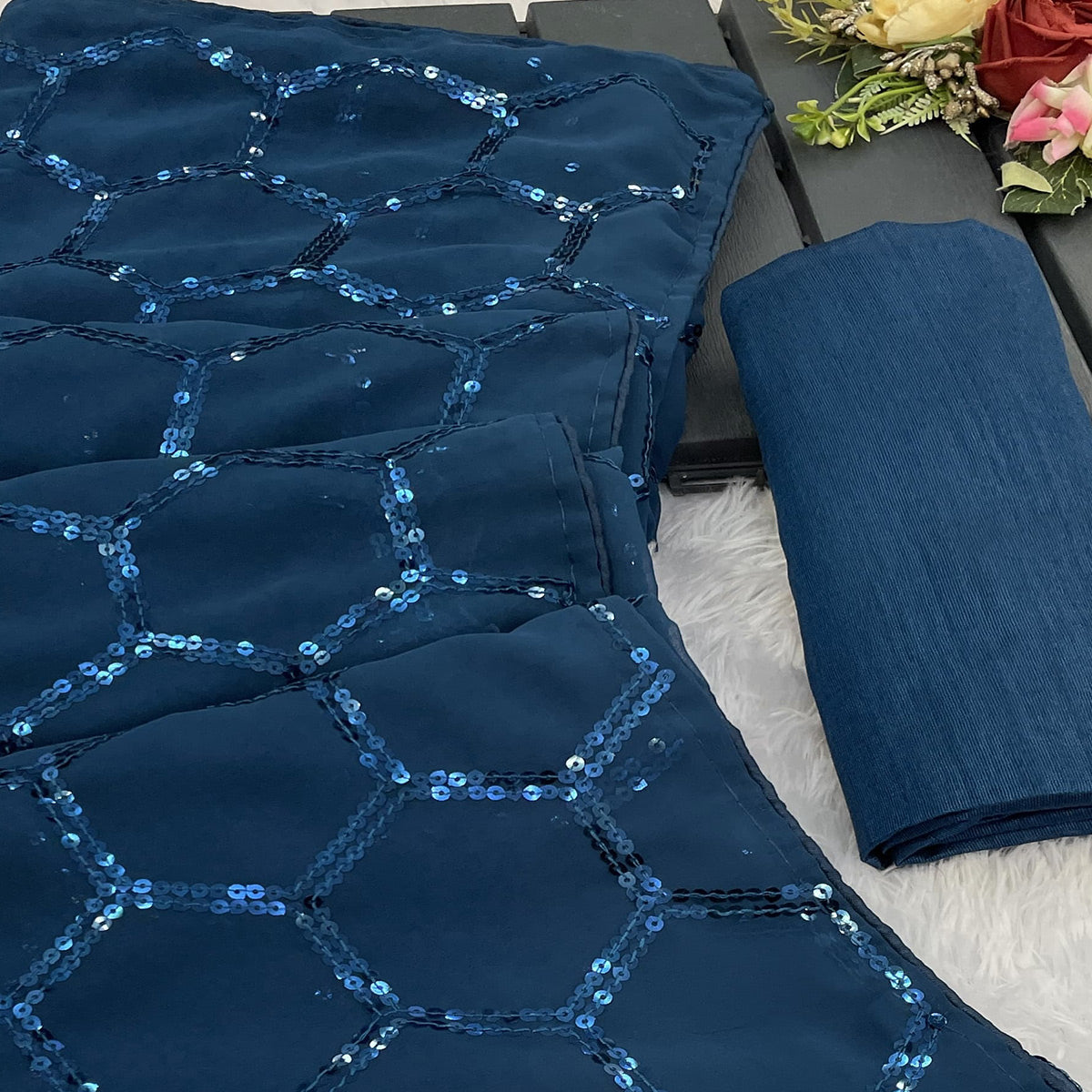 Blue Georgette Silk Saree Embellished With Sparkling Sequins Embroidery & Piping Border