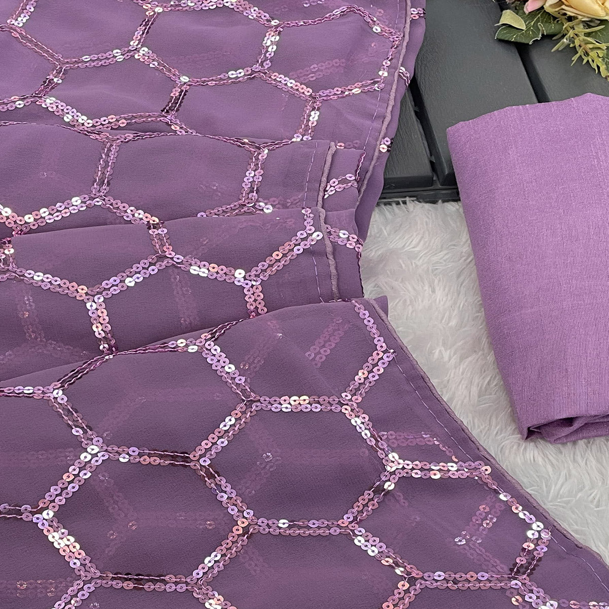 Lilac Purple Georgette Silk Saree Embellished With Sparkling Sequins Embroidery & Piping Border