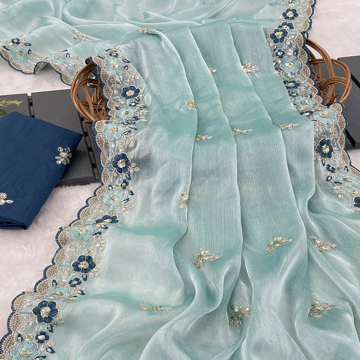 Blue Jimmy Choo Chiffon Saree Adorned With Floral Embroidery & Delicate Sequins Work