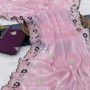 Onion Pink Jimmy Choo Chiffon Saree Adorned With Floral Embroidery & Delicate Sequins Work