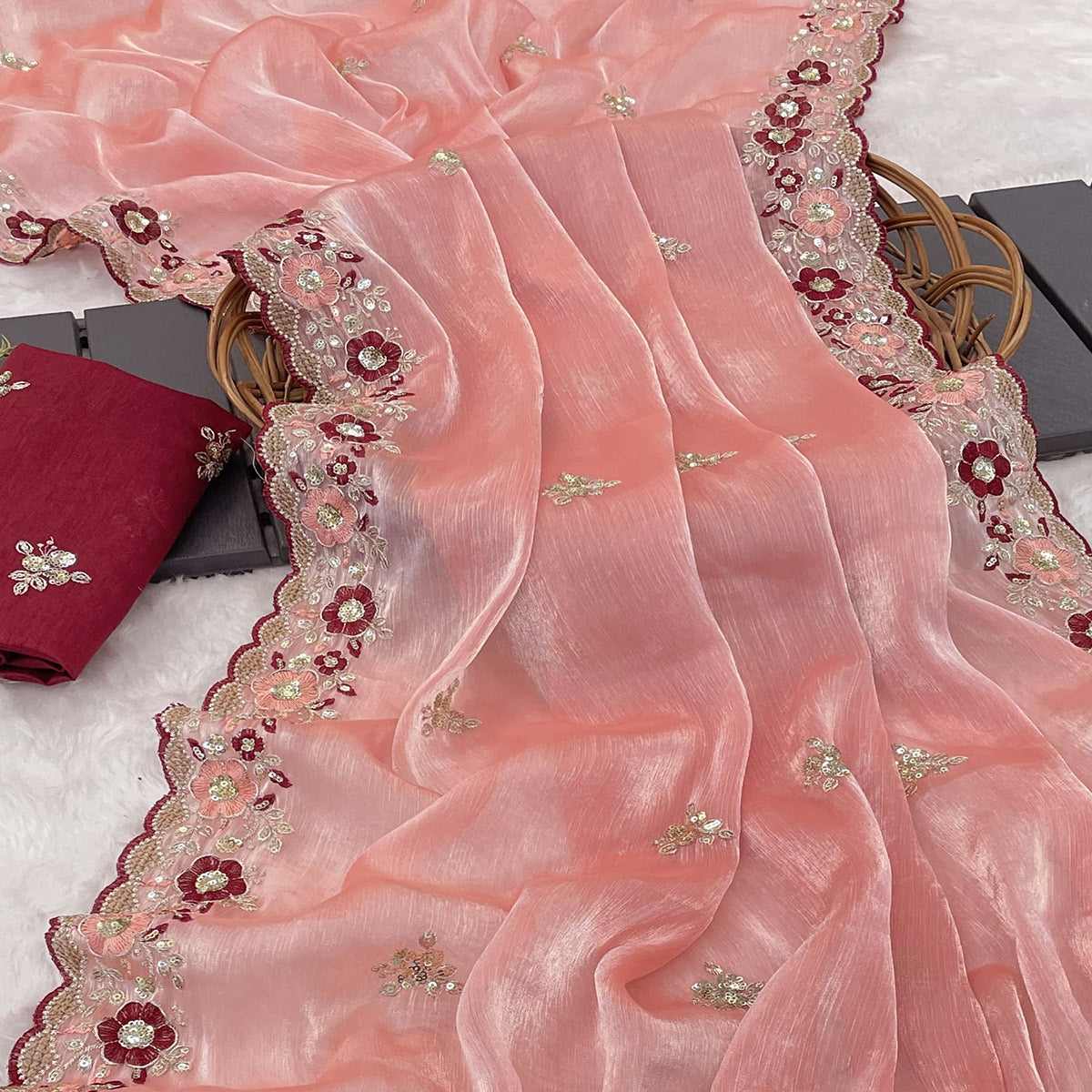 Peach Jimmy Choo Chiffon Saree Adorned With Floral Embroidery & Delicate Sequins Work