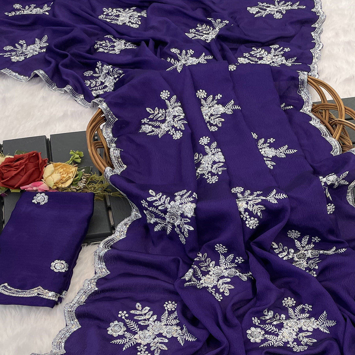 Royal Purple Chinon Saree Adorned With Zari Floral Embroidery & Gleaming Sequins Work