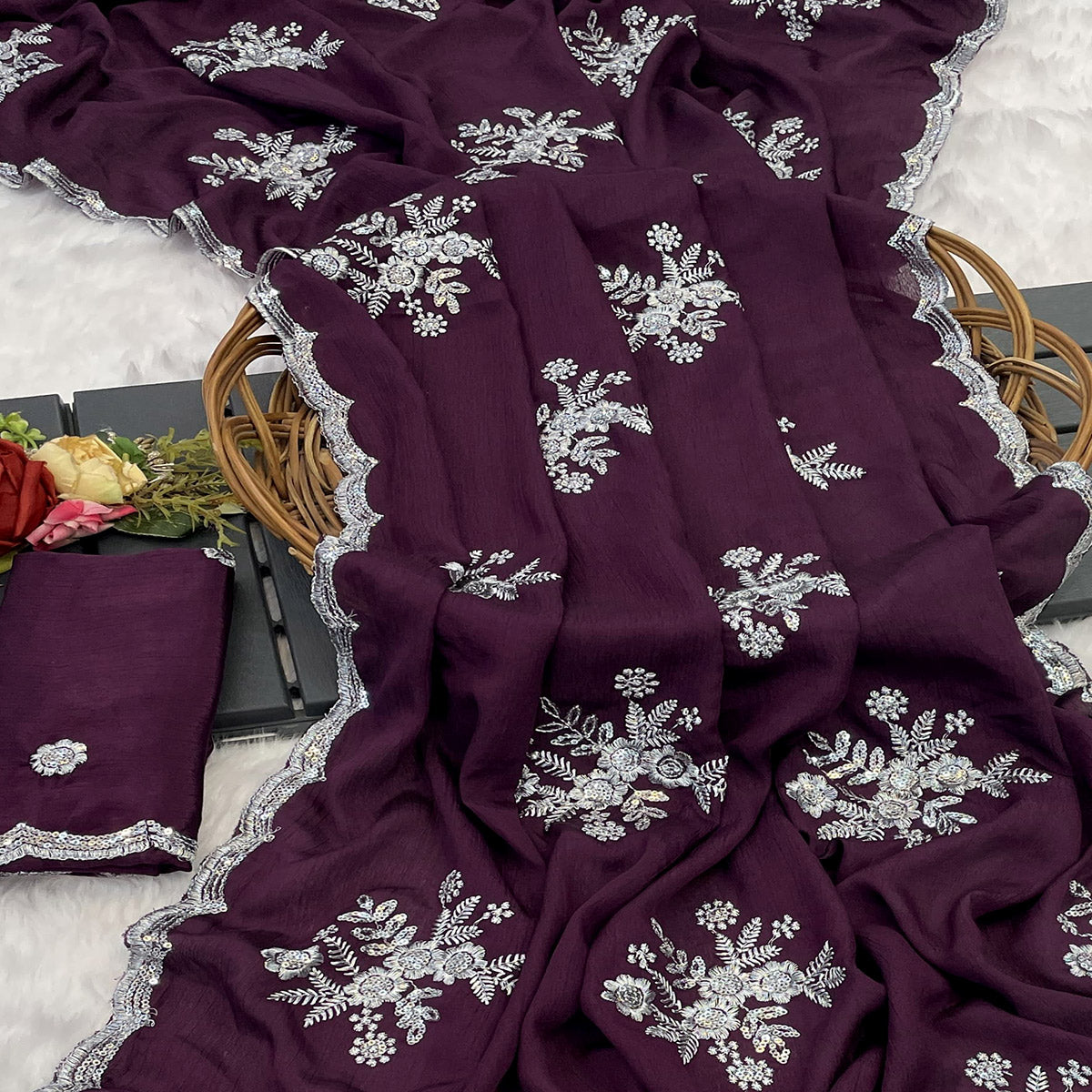 Wine Chinon Saree Adorned With Zari Floral Embroidery & Gleaming Sequins Work