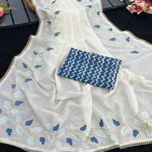 Timeless Offwhite & Blue Pure Silk Saree With Intricate Thread Embroidery And Delicate Lace Border