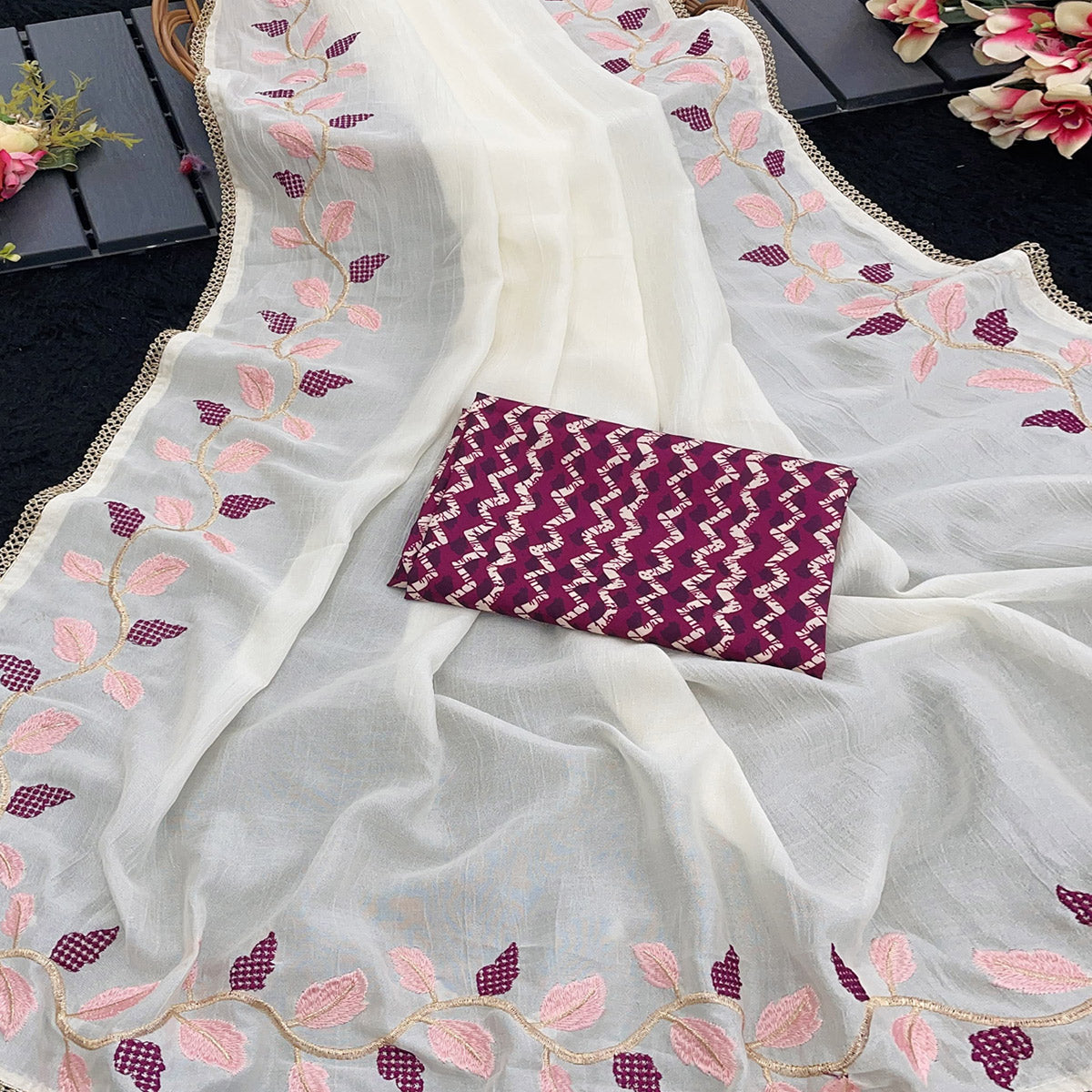 Graceful Offwhite & Wine Pure Silk Saree With Intricate Thread Embroidery And Delicate Lace Border