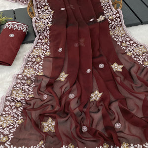 Maroon Designer Art Silk Saree Enhanced with Fine Floral Embroidery Work